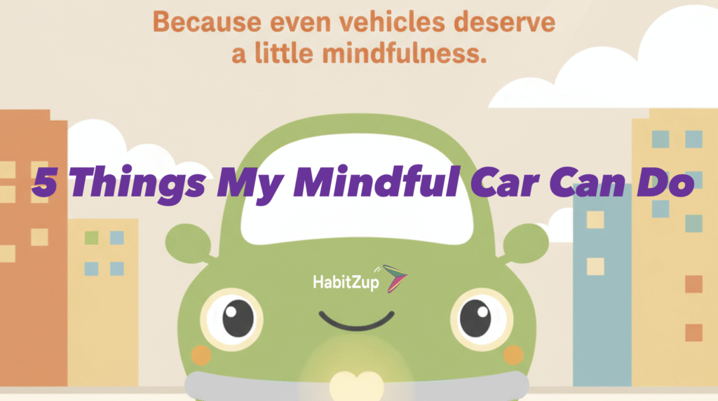 Playful illustration of a mindful car smiling at a traffic cop in Bangalore — HabitZup Mindful Vehicle concept.

